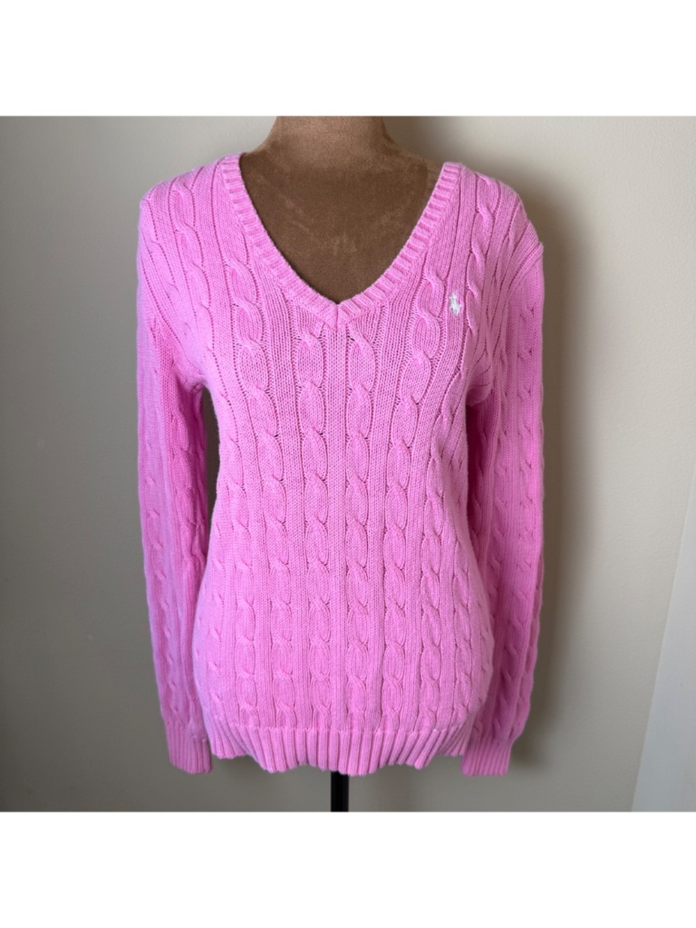 Polo Ralph Lauren V-Neck Cable Knit Sweater Womens Medium Pink Pullover Preppy - Picture 2 of 9